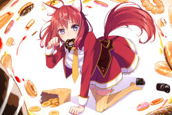Rule 34 | 1girl, ahoge, amairo islenauts, bag, blush, doughnut, eating, food, food in mouth, hair ornament, highres, looking at viewer, masaki gaillard, necktie, orange necktie, paper bag, paw pose, pot-palm, purple eyes, red hair, short hair, solo, striped clothes, striped thighhighs, tail, thighhighs, vertical-striped clothes, vertical-striped thighhighs, x hair ornament, yellow thighhighs
