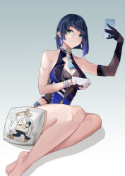 Rule 34 | 1girl, absurdres, asymmetrical gloves, bare legs, bare shoulders, barefoot, black gloves, blue hair, blunt bangs, breasts, cellphone, chibi, chinese commentary, cleavage, commentary request, elbow gloves, genshin impact, gloves, gradient background, green eyes, grey background, hand up, highres, holding, holding phone, large breasts, looking at viewer, mismatched gloves, mole, mole on breast, mz-mozi, paimon (genshin impact), phone, pillow, short hair, sitting, smartphone, solo, thighs, white background, white gloves, yelan (genshin impact)