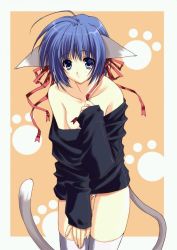 Rule 34 | animal ears, blue eyes, breasts, cat ears, cat tail, cleavage, short hair, sweater, tail, thighhighs