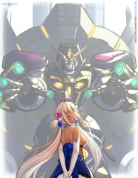 Rule 34 | 1girl, absurdres, arms behind back, backless dress, backless outfit, blitz gundam, blonde hair, blue skirt, breasts, brown dress, calamity gundam, character name, commentary, crossover, dark-skinned female, dark skin, destroy gundam, dress, elbow gloves, english commentary, floating hair, from behind, fusion, gloves, gundam, gundam build divers, gundam build divers re:rise, gundam seed, gundam seed destiny, hair ornament, highres, hololive, hololive english, large breasts, limiter (tsukumo sana), logo parody, long hair, looking back, mecha, open hands, parody, pinguinkotak, planet hair ornament, robot, science fiction, sideboob, skirt, smile, straight-on, title parody, tsukumo sana, tsukumo sana (1st costume), twintails, usaslug (tsukumo sana), v-fin, very long hair, virtual youtuber