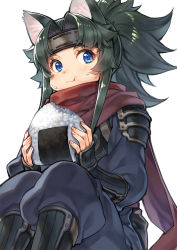 Rule 34 | 1girl, :t, animal ear fluff, animal ears, arm guards, black hair, blue eyes, blue jumpsuit, chiyome (gaikotsu kishi-sama tadaima isekai e o dekake-chuu), closed mouth, commentary request, copyright request, eating, feet out of frame, food, food on face, gaikotsu kishi-sama tadaima isekai e o dekake-chuu, hagure keg, headband, highres, holding, holding food, jumpsuit, knees up, ninja, onigiri, parted bangs, ponytail, red scarf, rice, rice on face, scarf, simple background, sitting, solo, wavy mouth, white background