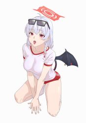 Rule 34 | 1girl, ahoge, black wings, blue archive, blush, braid, breasts, buruma, candy, eyewear on head, fake wings, food, full body, grey hair, gym shirt, gym uniform, halo, haruna (blue archive), haruna (track) (blue archive), highres, large breasts, long hair, official alternate costume, open mouth, red buruma, red eyes, red halo, shirt, shoes, short sleeves, side braid, simple background, single wing, socks, solo, tongue, tongue out, ult one, white background, white footwear, white shirt, white socks, wings