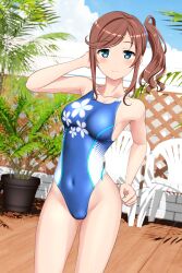 Rule 34 | 1girl, absurdres, blue eyes, blue one-piece swimsuit, blue sky, breasts, brown hair, chair, cloud, competition swimsuit, covered navel, day, floral print, hair ornament, hair scrunchie, high school fleet, highleg, highleg swimsuit, highres, ise sakura, long hair, looking at viewer, medium breasts, multicolored clothes, multicolored swimsuit, one-piece swimsuit, outdoors, plant, potted plant, scrunchie, side ponytail, sky, solo, standing, swimsuit, takafumi, variant set