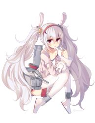 Rule 34 | 1girl, :o, animal ears, azur lane, blush, breasts, brown eyes, camisole, cannon, collarbone, commentary, full body, grey hair, hair between eyes, hair ornament, hairband, hands up, jacket, laffey (azur lane), long hair, long sleeves, looking at viewer, machinery, off shoulder, open clothes, open jacket, parted lips, pink jacket, rabbit ears, red hairband, red skirt, rento (rukeai), shoes, simple background, skirt, sleeves past wrists, small breasts, solo, strap slip, thighhighs, turret, twintails, very long hair, white background, white camisole, white footwear, white thighhighs