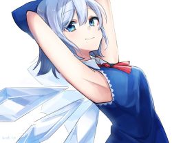 Rule 34 | 1girl, armpits, arms behind head, arms up, blue bow, blue dress, blue eyes, blue hair, bow, cirno, closed mouth, dress, from side, hair between eyes, hair bow, ice, ice wings, kuroda (chokobo 314), looking at viewer, red neckwear, short hair, simple background, smile, solo, touhou, twitter username, upper body, white background, wings