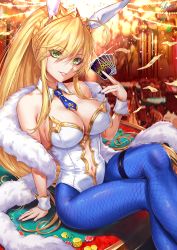 Rule 34 | 1girl, animal ears, arm support, artoria pendragon (all), artoria pendragon (fate), artoria pendragon (lancer) (fate), artoria pendragon (swimsuit ruler) (fate), bare shoulders, blonde hair, blue nails, blue necktie, blue pantyhose, blurry, blurry background, blush, breasts, card, casino card table, cleavage, crossed legs, detached collar, fake animal ears, fate/grand order, fate (series), feather boa, fishnets, green eyes, hair between eyes, highres, holding, holding card, large breasts, leotard, long hair, looking at viewer, nail polish, necktie, pantyhose, parted lips, playboy bunny, playing card, ponytail, rabbit ears, sakiyamama, sidelocks, signature, solo, table, white leotard, wrist cuffs