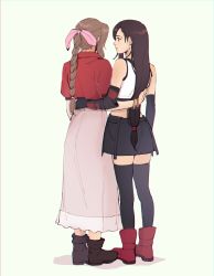 Rule 34 | 2girls, aerith gainsborough, arm around waist, arm guards, black hair, black skirt, black thighhighs, boots, bow, bracelet, braid, braided ponytail, brown footwear, brown hair, earrings, elbow gloves, female focus, final fantasy, final fantasy vii, final fantasy vii remake, from behind, full body, gloves, hair bow, highres, jacket, jewelry, long hair, looking to the side, low-tied long hair, multiple girls, pink bow, pudelmudel, red footwear, red jacket, skirt, square enix, standing, thighhighs, tifa lockhart, yuri