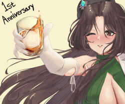 Rule 34 | 1girl, alcohol, armpit crease, black hat, blush, breasts, brown dust 2, brown hair, center opening, cleavage, cup, diana (brown dust), dress, drunk, elbow gloves, english text, eyebrows hidden by hair, gloves, green dress, hair between eyes, hat, hat ornament, highres, holding, holding cup, huge breasts, ice, lips, long hair, mini hat, mole, mole under mouth, one eye closed, open mouth, reikrand, solo, teeth, turtleneck, turtleneck dress, upper body, very long hair, whiskey, white gloves, yellow background