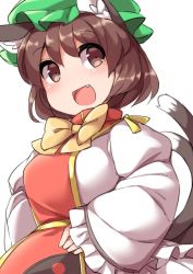 Rule 34 | 1girl, :d, animal ears, blush, bow, bowtie, brown eyes, brown hair, cat ears, chen, commentary request, fang, fun bo, green hat, hat, long sleeves, looking at viewer, mob cap, no nose, open mouth, short hair, simple background, smile, solo, tabard, touhou, white background, yellow bow, yellow bowtie