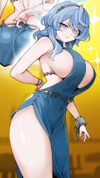 Rule 34 | 1girl, ako (blue archive), ako (dress) (blue archive), ass, backless dress, backless outfit, black hairband, blue archive, blue eyes, blue hair, blue halo, blush, breasts, closed mouth, cowboy shot, cuffs, dress, earrings, fingernails, freedom (aass5404), hairband, halo, handcuffs, highres, jewelry, large breasts, long hair, multiple views, sideboob, sleeveless, sleeveless dress, thighs