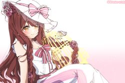 Rule 34 | 1girl, artist name, birdcage, blush, bow, braid, breasts, brown hair, cage, cleavage, closed mouth, commentary, cowboy shot, dress, dress bow, flower, frilled dress, frilled hat, frills, gradient background, hair between eyes, hair flower, hair ornament, hat, hat bow, hat flower, idolmaster, idolmaster shiny colors, light particles, long hair, looking at viewer, medium breasts, osaki tenka, pink bow, short sleeves, sitting, smile, sun hat, twin braids, white dress, yellow eyes, yukiwanabiku