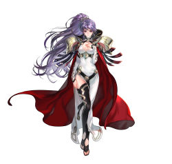 Rule 34 | 1girl, absurdres, alternate costume, armor, belt, black footwear, boots, breasts, cape, cleavage, closed mouth, commentary request, criss-cross halter, dress, earrings, fire emblem, fire emblem: genealogy of the holy war, fire emblem heroes, full body, gold trim, hair ornament, halterneck, hand on own chest, hand up, highres, ishtar (fire emblem), jewelry, lips, long dress, long hair, long sleeves, looking at viewer, medium breasts, nintendo, official art, ponytail, purple eyes, purple hair, red cape, shiny skin, shoulder armor, side slit, simple background, suzuki rika, thigh boots, thighhighs, thighs, toeless footwear, toes, very long hair, white background, white dress