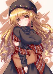 Rule 34 | 1girl, adapted costume, arm under breasts, bag, black sweater, blonde hair, blush, breasts, closed mouth, cowboy shot, drop earrings, earrings, hair between eyes, handbag, hat, highres, jewelry, junko (touhou), large breasts, long hair, long sleeves, looking at viewer, orange eyes, plaid, plaid scarf, scarf, simple background, smile, solo, sweater, touhou, unory, very long hair, white background