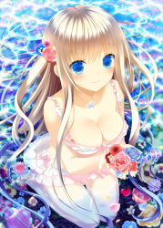 Rule 34 | 1girl, afloat, bikini, blonde hair, blue eyes, blue flower, blue rose, blush, breasts, cleavage, flower, frilled bikini, frills, hair flower, hair ornament, holding, jewelry, long hair, looking at viewer, makita maki, necklace, original, partially submerged, petals, pink flower, pink rose, rose, seiza, sitting, smile, solo, strap gap, swimsuit, thigh gap, very long hair, water, white bikini