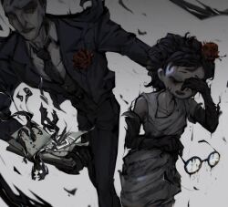 Rule 34 | 1boy, 1girl, bare shoulders, black hair, black necktie, book, broken eyewear, charlie (don&#039;t starve), collared shirt, comforting, crying, don&#039;t starve, dress, elbow gloves, feet out of frame, flower, formal, glasses, gloves, grey background, hair flower, hair ornament, highres, holding, holding book, holding removed eyewear, jacket, long sleeves, looking at another, magic, maxwell (don&#039;t starve), mocha45192, monster, motion blur, necktie, pants, red flower, runny makeup, sad, shirt, short hair, sideways glance, simple background, suit, tears, through medium, through page, through screen, unworn eyewear, vest, white dress, wiping tears