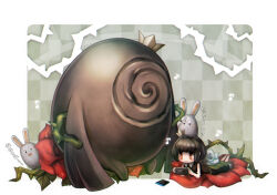 Rule 34 | 1girl, 1other, :3, artist request, black dress, black hair, crown, dress, flower, full body, handheld game console, leaf, lying, mini crown, musical note, official art, on stomach, plant, playing games, playstation vita, rabbit, red eyes, red flower, red rose, rose, rose (rose to tasogare no kojou), rose to tasogare no kojou, short hair, thorns, grid background, titan (rose to tasogare no kojou), vines, white flower, white rose