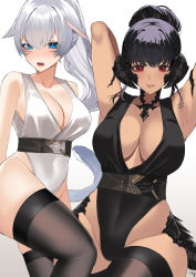 2girls, absurdres, animal ears, armpits, arms up, artist name, au ra, bangs, bare arms, bare shoulders, black hair, black legwear, black leotard, blue eyes, blush, breasts, cleavage, closed mouth, collarbone, commission, covered navel, dragon horns, dragon tail, eyebrows visible through hair, final fantasy, final fantasy xiv, highleg, highleg leotard, highres, horns, large breasts, leotard, lilycious, lips, looking at viewer, miqo&#039;te, multiple girls, open mouth, original, ponytail, red eyes, scales, silver hair, simple background, smile, tail, thighhighs, white background, white leotard