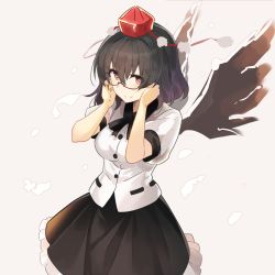 Rule 34 | 1girl, beige background, bespectacled, black hair, black ribbon, black skirt, black wings, blush, breasts, commentary request, cowboy shot, falken (yutozin), feathered wings, glasses, hands up, hat, highres, looking at viewer, medium breasts, neck ribbon, one-hour drawing challenge, petticoat, pom pom (clothes), puffy short sleeves, puffy sleeves, red-framed eyewear, red eyes, ribbon, shameimaru aya, shirt, short sleeves, simple background, skirt, smile, solo, tassel, tokin hat, touhou, white shirt, wings