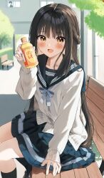 Rule 34 | 1boy, 1girl, :d, bench, black sailor collar, black skirt, black socks, blush, bottle, brown eyes, brown hair, cardigan, collarbone, commentary request, day, feet out of frame, hand up, highres, holding, holding bottle, long hair, long sleeves, looking at viewer, on bed, open mouth, original, outdoors, park bench, pentagon (railgun ky1206), pleated skirt, puffy long sleeves, puffy sleeves, ribbed legwear, sailor collar, school uniform, serafuku, sitting, skirt, sleeves past wrists, smile, socks, solo focus, very long hair, white cardigan