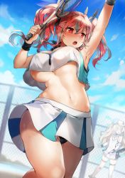 Rule 34 | 2girls, azur lane, bache (azur lane), bache (showy sports star) (azur lane), bare shoulders, blurry, blurry background, blush, bouncing breasts, bow, breasts, bremerton (azur lane), bremerton (scorching-hot training) (azur lane), chain-link fence, clothing cutout, commentary, crop top, crop top overhang, day, fence, gijang, grey hair, hair between eyes, hair bow, hair ornament, hairclip, heart, heart cutout, heart necklace, holding, holding racket, jewelry, large breasts, long hair, looking away, mole, mole under eye, motion lines, multicolored hair, multiple girls, necklace, open mouth, outdoors, pink hair, racket, serious, shirt, sleeveless, sleeveless shirt, solo focus, sportswear, standing, standing on one leg, streaked hair, tennis, tennis court, tennis dress, tennis racket, tennis uniform, thighhighs, twintails, two-tone hair, two-tone shirt, two-tone skirt, visor cap, x hair ornament