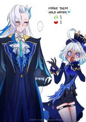 Rule 34 | ..., 1boy, 1girl, @ @, ahoge, ascot, black gloves, blue hair, blush, bow, brooch, closed mouth, coat, embarrassed, english text, eyelashes, full-face blush, furina (genshin impact), furrowed brow, genshin impact, gloves, half-closed eyes, hand on own face, hands up, hat, heart, height difference, highres, jewelry, like and retweet, long hair, long sleeves, looking at another, mamaprofennn, multicolored hair, neuvillette (genshin impact), open mouth, purple eyes, short hair, shorts, spoken ellipsis, standing, tailcoat, thighhighs, top hat, trembling, vision (genshin impact), watermark, web address, white hair, wide-eyed