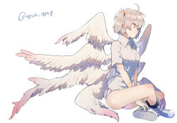 Rule 34 | 1girl, ahoge, angel chromosome xx, angel wings, bad id, bad pixiv id, black socks, boots, breast pocket, closed mouth, collared shirt, from side, full body, grey footwear, grey shirt, ikeuchi tanuma, indian style, neon genesis evangelion, panties, pocket, red eyes, shirt, short sleeves, silver hair, simple background, sitting, socks, solo, tabris-xx, twintails, twitter username, underwear, white background, wing collar, wings