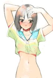 Rule 34 | 00s, 1girl, arm behind head, arms up, blue sailor collar, blush, bob cut, bottomless, breasts, busou renkin, covered erect nipples, crop top, expressionless, grey eyes, grey hair, groin, hand on own head, looking at viewer, narrow waist, navel, necktie, out-of-frame censoring, sailor collar, scar, scar on face, scar on nose, school uniform, see-through, serafuku, shirt, short hair, short sleeves, simple background, sketch, small breasts, solo, standing, tsumura tokiko, white background, wide sleeves