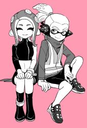 Rule 34 | 1boy, 1girl, agent 3 (splatoon), agent 8 (splatoon), bad id, bad twitter id, bike shorts, boots, cape, closed eyes, crop top, dede (qwea 00000), greyscale with colored background, headphones, highres, inkling, inkling boy, inkling player character, looking at viewer, midriff, nintendo, octoling, octoling girl, octoling player character, pink background, ponytail, sitting, smile, splatoon (series), splatoon 2, splatoon 2: octo expansion, tentacle hair, zipper pull tab