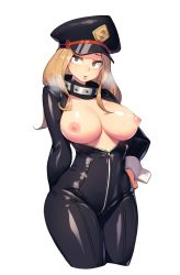 Rule 34 | 1girl, blonde hair, blush, bodysuit, boku no hero academia, breasts, breasts out, hand on own hip, hat, highres, large breasts, navel, nipples, police hat, puckered lips, solo, steam, unzipped, unzipped bodysuit, utsushimi kemii, zipper