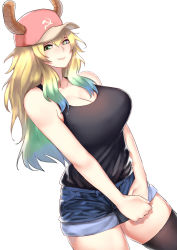 Rule 34 | 10s, 1girl, bare shoulders, baseball cap, black thighhighs, blonde hair, breasts, cleavage, closed mouth, collarbone, cowboy shot, dragon girl, dragon horns, from side, gradient hair, green eyes, green hair, hammer and sickle, hat, heterochromia, highres, horns, kobayashi-san chi no maidragon, large breasts, long hair, looking at viewer, looking to the side, lucoa (maidragon), military, military vehicle, motor vehicle, multicolored hair, norman maggot, short shorts, shorts, sidelocks, simple background, smile, solo, tank, tank top, thighhighs, v arms