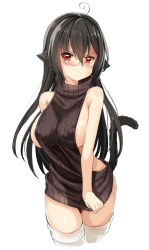 Rule 34 | 1girl, ahoge, animal ears, aran sweater, areola slip, backless dress, backless outfit, black hair, black sweater, blush, breasts, cable knit, cat ears, cat girl, cat tail, cowboy shot, cropped legs, dress, glasses, hair between eyes, halterneck, long hair, looking at viewer, medium breasts, meme attire, naked sweater, original, pout, pursed lips, red eyes, ribbed sweater, rimless eyewear, sideboob, simple background, solo, sweater, sweater dress, tail, thighhighs, turtleneck, turtleneck sweater, unname, virgin killer sweater, white background, white thighhighs