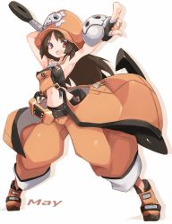 Rule 34 | 1girl, :d, anchor, armpits, black gloves, blush, boots, breasts, brown eyes, brown footwear, brown hair, brown hat, brown pants, character name, commentary request, crop top, fingerless gloves, fingernails, gloves, grey background, guilty gear, hat, highres, holding, karukan (monjya), long hair, may (guilty gear), medium breasts, navel, open mouth, outstretched arm, pants, pointing, puffy pants, skull, sleeveless, smile, solo, standing, teeth, upper teeth only