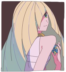Rule 34 | 1girl, bare shoulders, beast ball, blonde hair, brown background, creatures (company), dress, game freak, green eyes, hair over one eye, holding, holding poke ball, looking at viewer, looking back, lusamine (pokemon), nintendo, poke ball, pokemon, pokemon sm, rsb992112, simple background, solo, white dress