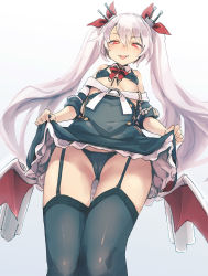 Rule 34 | 1girl, azur lane, bad id, bad tumblr id, bee (deadflow), bikini, black bikini, black dress, black thighhighs, blush, cameltoe, dress, dutch angle, fangs, from below, front-tie bikini top, front-tie top, garter straps, grey background, hair between eyes, highres, lace, lace-trimmed panties, lace trim, legs together, lifted by self, long hair, looking at viewer, panties, red eyes, silver hair, simple background, smile, solo, standing, swimsuit, thigh gap, thighhighs, tongue, tongue out, tsurime, twintails, underwear, upskirt, vampire (azur lane), very long hair, wings