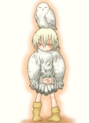 Rule 34 | 1girl, animal, animal on head, bird, bird on head, blonde hair, boots, character request, on head, original, owl, own hands clasped, own hands together, personification, seki (red shine), short hair, snowy owl, solo, yellow eyes