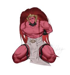 Rule 34 | 1boy, abs, ancient egyptian hat, arms behind back, artist name, bara, bound, bound legs, closed mouth, collar, colored skin, commentary, english commentary, forehead protector, full body, head tilt, highres, kneeling, large pectorals, light blush, long hair, looking at viewer, magnus the red, male focus, metal collar, missing eye, muscular, muscular male, ng hamburger, nipples, pectorals, pelvic curtain, pink eyes, primarch, prisoner, red hair, red skin, restrained, robe, signature, solo, thick eyebrows, thighs, thousand sons, toga, topless male, very long hair, warhammer 40k, white background, white robe