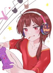 Rule 34 | 1girl, absurdres, adapted costume, bad id, bad pixiv id, blush, breasts, brown hair, collarbone, commentary, controller, eating, food, food on face, game controller, gamepad, hair strand, headphones, heart, highres, holding, holding controller, holding game controller, hoowho, knee up, kono subarashii sekai ni shukufuku wo!, looking ahead, megumin, musical note, nail polish, playing games, plus sign, pocky, purple nails, red eyes, red nails, red shirt, shirt, short hair, short hair with long locks, small breasts, snack, solo, staff (music), star (symbol), t-shirt, upper body, v-shaped eyebrows, white background