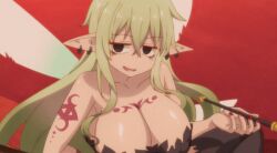 Rule 34 | 1girl, 2020, 20s, aloe (ishuzoku reviewers), animated, animated gif, bags under eyes, bare shoulders, barefoot, black footwear, black shirt, black thighhighs, boots, breasts, candle, cleavage, earrings, empty eyes, fairy, fairy wings, green hair, ishuzoku reviewers, jewelry, large breasts, legs, long hair, mini person, minigirl, nail polish, no pants, pink eyes, pointy ears, ruler, shirt, single boot, single thigh boot, single thighhigh, smile, smoke, smoking, smoking pipe, solo, strapless, strapless shirt, table, tattoo, thigh boots, thighhighs, thighs, unworn footwear, unworn legwear, wings