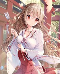 Rule 34 | arrow (projectile), blonde hair, braid, breasts, collarbone, copyright request, forest, hanahanamaki, japanese clothes, large breasts, leaf, long hair, nature, outdoors, panties, red eyes, side braid, sitting, smile, sousouman, string panties, summer, sunlight, tree, underwear, wavy hair
