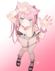 Rule 34 | 1girl, absurdres, animal ears, black bra, black footwear, black ribbon, blue eyes, bomhat, bra, bracelet, breasts, cat ears, cat girl, collar, commentary, full body, gradient background, hair ribbon, hands up, highres, jewelry, leaning forward, long hair, looking at viewer, multiple rings, nipples, no shirt, one breast out, original, panties, panty pull, pink background, pink bracelet, pink hair, pink panties, pink socks, ribbon, ring, sandals, shirt, small breasts, socks, solo, underwear, wardrobe malfunction, white background, white shirt