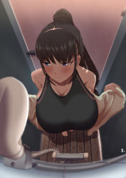 Rule 34 | 1girl, absurdres, bare shoulders, barefoot, black hair, blue eyes, blue one-piece swimsuit, blush, breasts, closed mouth, commentary, door, embarrassed, female focus, fisheye, from above, highres, huge breasts, indoors, kachi-kachi okiami, lock, long hair, looking away, looking to the side, one-piece swimsuit, original, ponytail, shower (place), shower head, solo, standing, swimsuit, towel, wooden floor