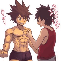 Rule 34 | 2boys, abs, animated, animated gif, black eyes, black hair, briefs, brown hair, child, flexing, grin, male focus, male underwear, multiple boys, muscular, nikism, original, pectorals, poking, shirt, singlet, sleeveless, sleeveless shirt, smile, spiked hair, sweatdrop, text focus, topless male, translation request, underwear, veins