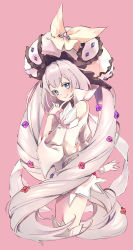 Rule 34 | 1girl, absurdly long hair, absurdres, bare shoulders, blue eyes, blush, closed mouth, cropped legs, detached sleeves, dress, drill hair, fate/grand order, fate (series), finger to own chin, flower, from side, gem, gloves, grey hair, hair flower, hair ornament, hat, highres, long hair, looking at viewer, marie antoinette (fate), marie antoinette (third ascension) (fate), pink background, simple background, smile, solo, standing, vanilla (miotanntann), very long hair, white dress