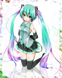 Rule 34 | 1girl, aqua eyes, aqua hair, arms behind back, bad id, bad pixiv id, blush, detached sleeves, female focus, gradient background, hatsune miku, highres, kneeling, kyohei, long hair, multicolored hair, necktie, skirt, solo, thighhighs, twintails, very long hair, vocaloid, white background