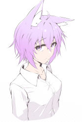 Rule 34 | 1girl, ahoge, animal ears, cat ears, cat girl, cowboy shot, cropped torso, crossed bangs, detached sleeves, eihire, from above, from side, hair between eyes, highres, hololive, long sleeves, looking at viewer, nekomata okayu, nekomata okayu (oversized shirt), purple eyes, purple hair, shirt, short hair, simple background, solo, virtual youtuber, white background, white shirt