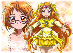 Rule 34 | 10s, 2girls, bow, brooch, brown eyes, brown hair, bubble skirt, choker, circlet, cure muse, cure muse (yellow), dual persona, earrings, frills, glasses, hair bow, hanzou, heart, jewelry, long hair, magical girl, multiple girls, musical note, orange hair, pink-framed eyewear, pink eyes, precure, ribbon, shirabe ako, short hair, skirt, smile, suite precure, topless, yellow bow, yellow skirt