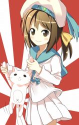 Rule 34 | 10s, 1girl, bad id, bad pixiv id, batsubyou, brown eyes, brown hair, cat, error musume, girl holding a cat (kancolle), hat, kantai collection, long hair, low twintails, open mouth, personification, rising sun flag, shoshinsha mark, skirt, smile, solo, sunburst, tantan men (dragon), twintails
