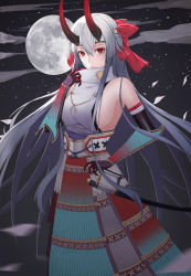 Rule 34 | 1girl, armor, board game, bow, breasts, cloud, cloudy sky, detached sleeves, elbow gloves, fate (series), full moon, gloves, go (board game), grey hair, gywlsfkdl, hair between eyes, hair bow, highres, japanese clothes, large breasts, long hair, looking at viewer, moon, night, night sky, red eyes, serious, sky, star (sky), tomoe gozen (fate)