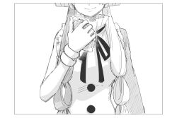 Rule 34 | 1girl, border, closed mouth, dress, facing viewer, greyscale, hair rings, hand up, head out of frame, holding, kankan33333, long hair, monochrome, neck ribbon, one piece, one piece film: red, ribbon, seashell, shell, simple background, smile, solo, twintails, uta (one piece), very long hair, white background, white border, wristband