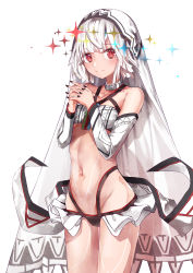 Rule 34 | 1girl, altera (fate), bare shoulders, bbci, blunt bangs, breasts, choker, closed mouth, collarbone, cowboy shot, detached sleeves, fate/grand order, fate (series), frills, hands up, highres, long sleeves, looking at viewer, navel, own hands together, red eyes, short hair, sidelocks, small breasts, smile, solo, sparkle, standing, stomach, tattoo, thighs, veil, white background, white hair, white sleeves